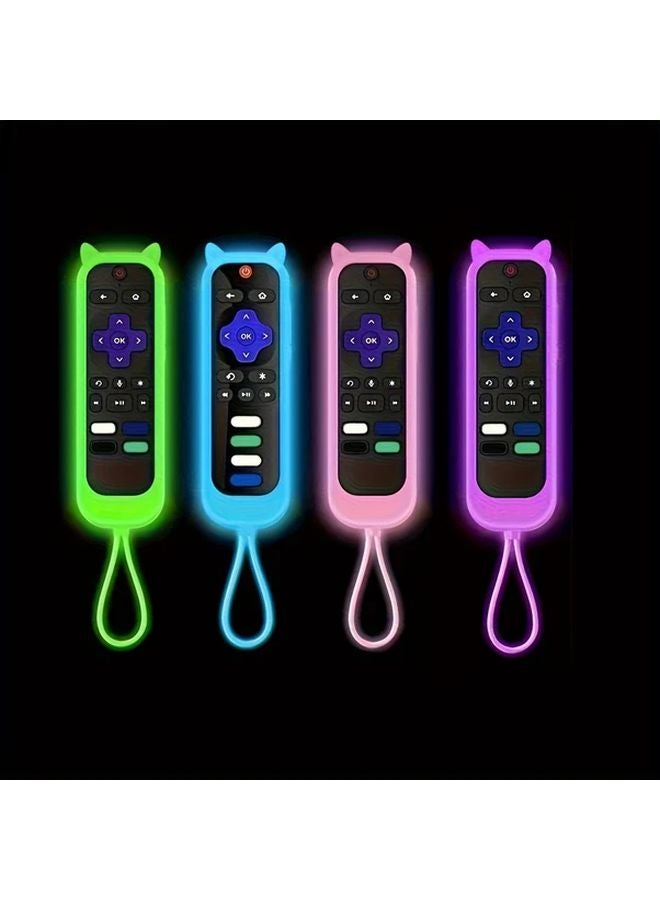 2pcs Purple Pink Glow In The Dark Cat Ear Silicone Remote Cover With Lanyard - Image 1